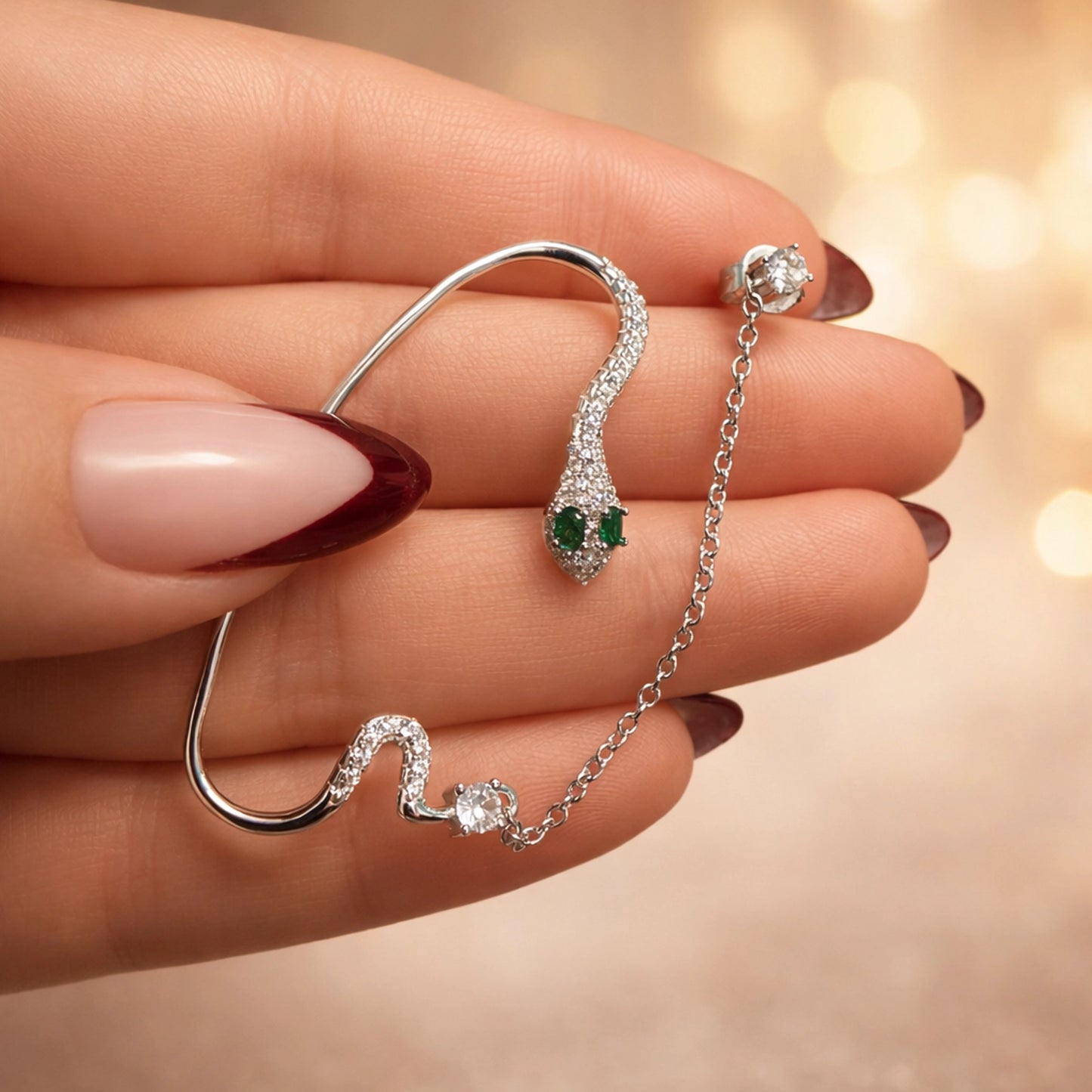 Serpent Ear Cuff with CZ Stones and Emerald Green Eyes