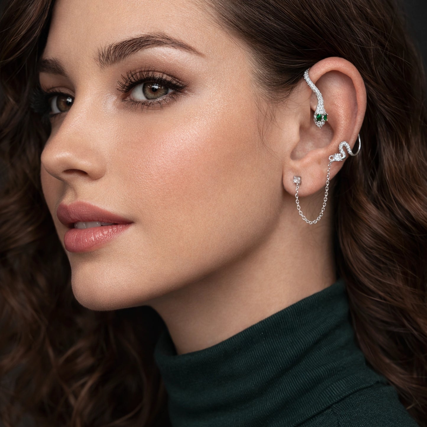 Serpent Ear Cuff with CZ Stones and Emerald Green Eyes