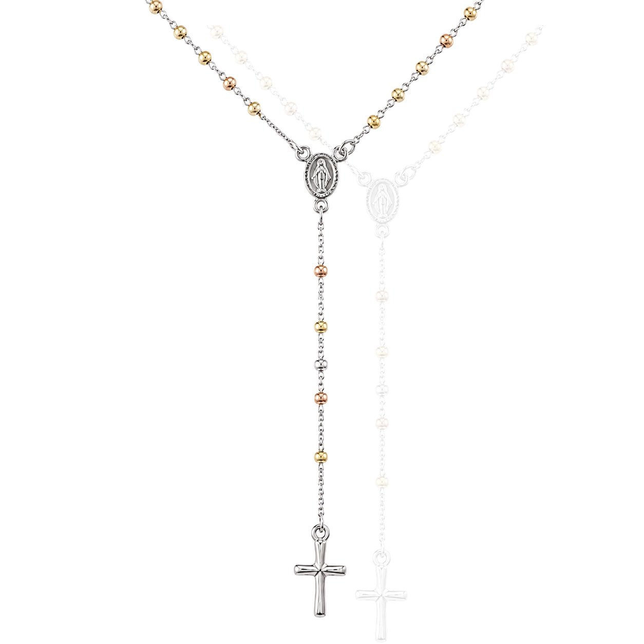 Three Tone Sterling Silver Rosary Necklace