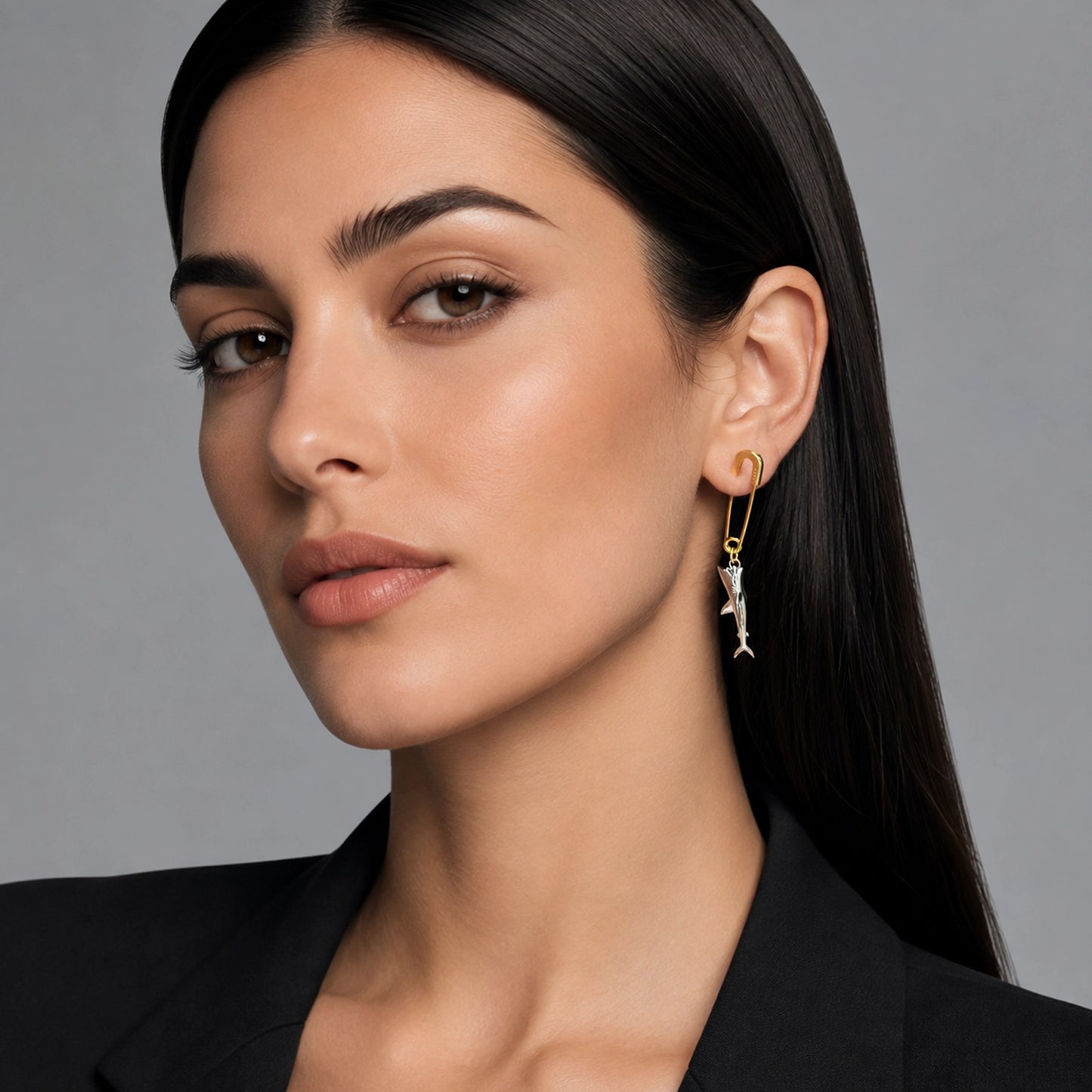 Safety Pin Dangle Shark Single Earring