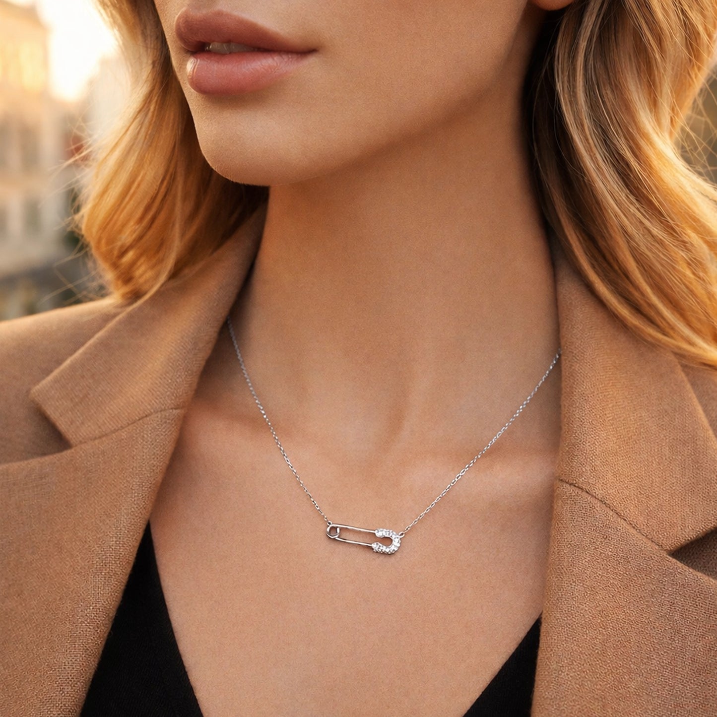 Pave Safety Pin Dainty Necklace