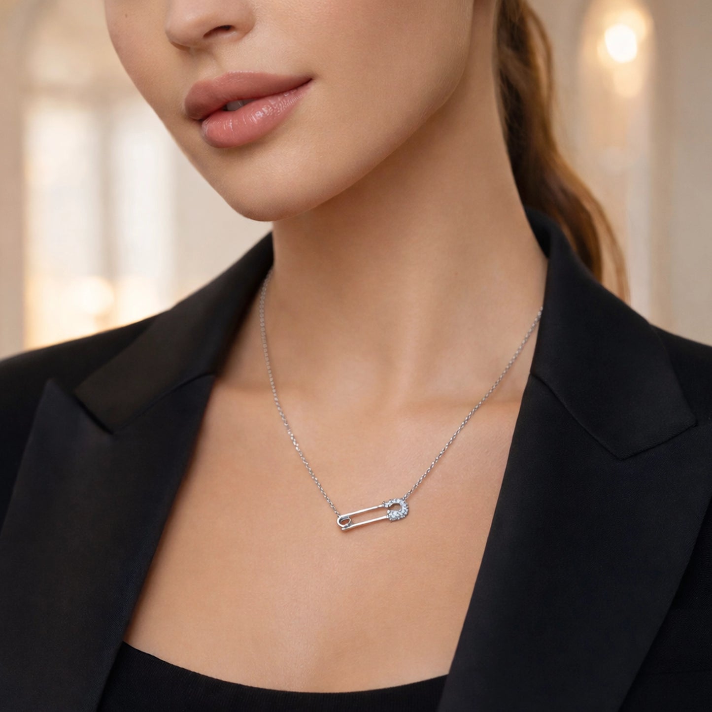 Pave Safety Pin Dainty Necklace