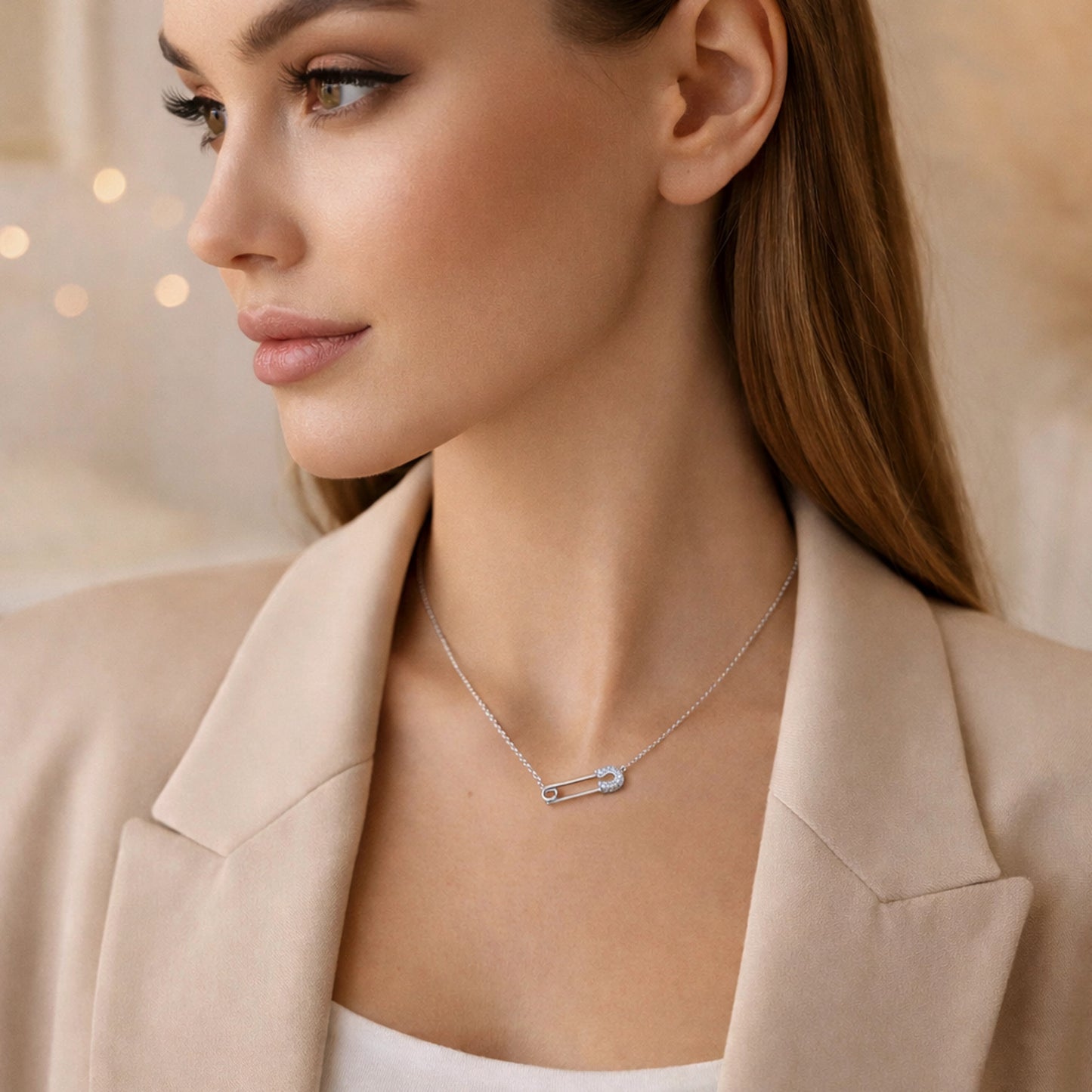 Pave Safety Pin Dainty Necklace