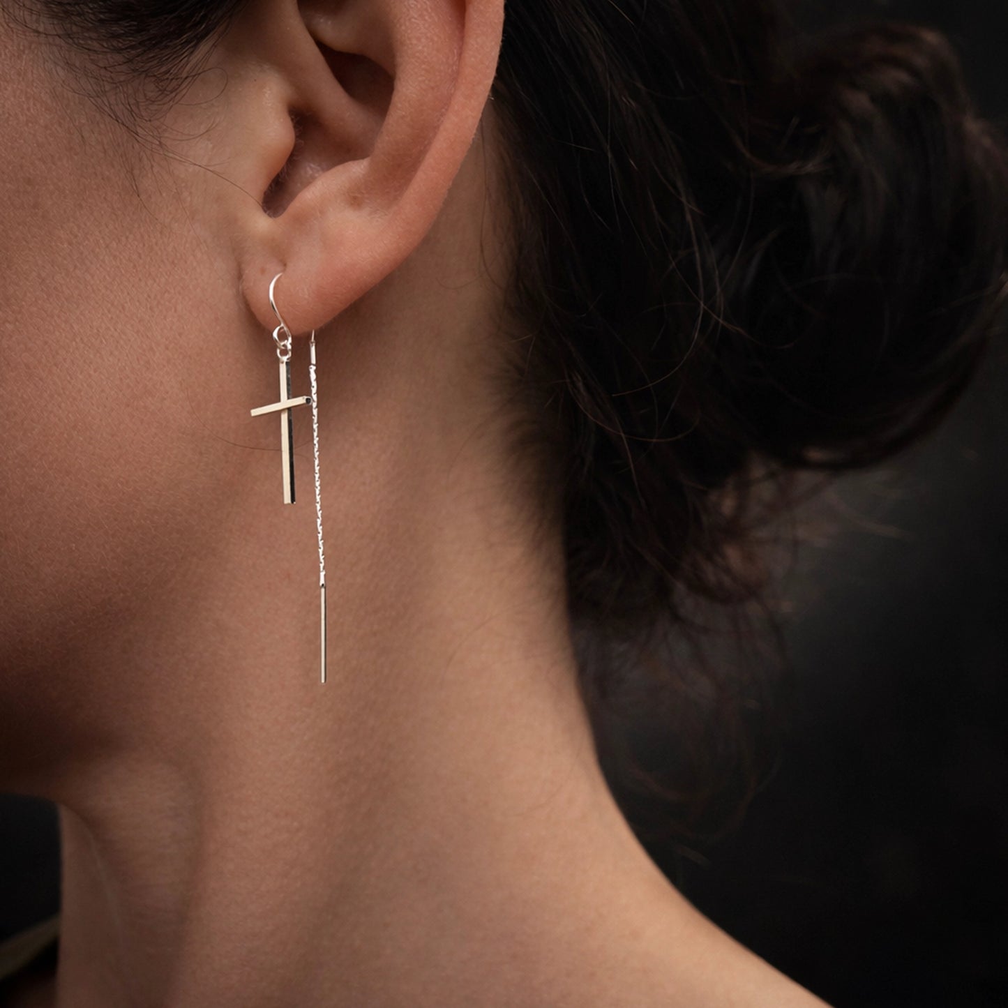 Simple Cross Threader Earrings in Sterling Silver