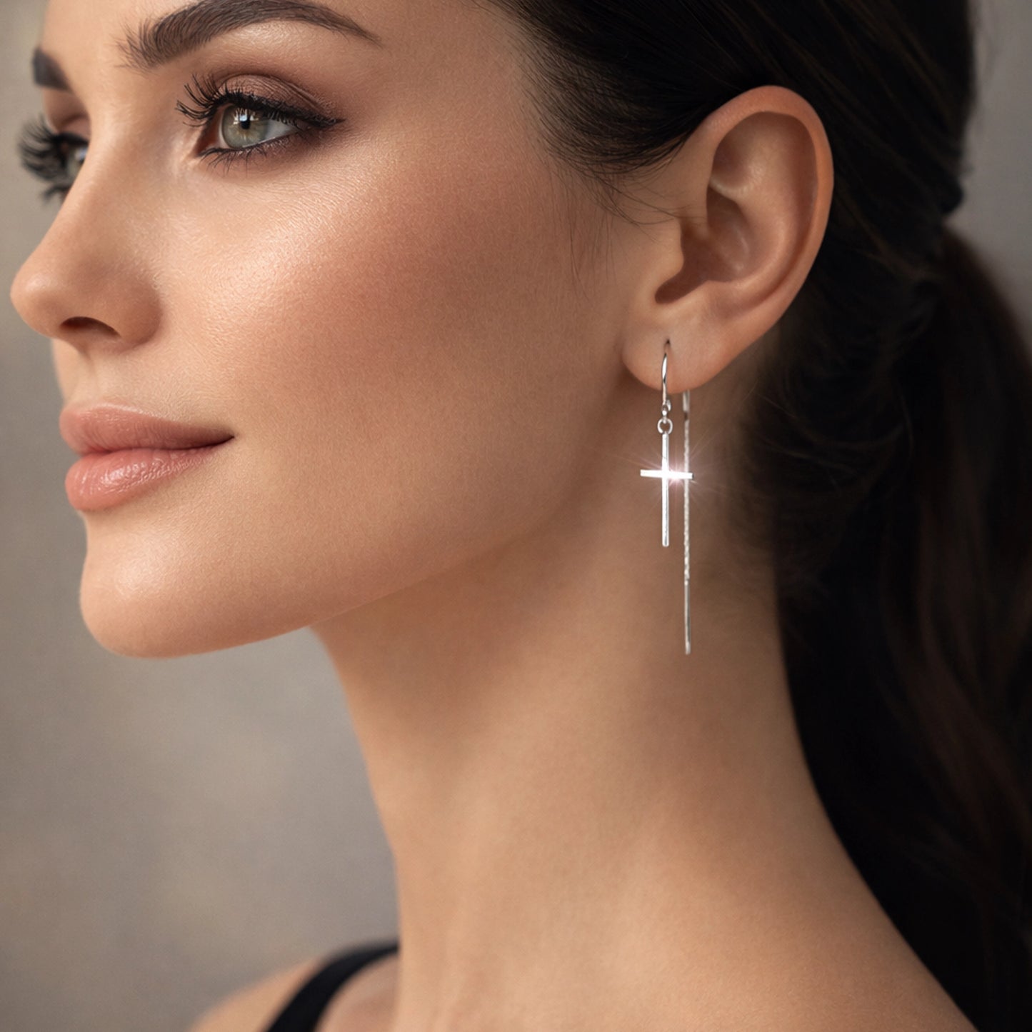 Silver Cross Dangle Earrings on Model • Long Minimalist Cross Drop Earrings • Modern Christian Jewelry • Sterling Silver Threader Style Earrings • Elegant Faith Gift for Women • Lightweight Statement Earrings