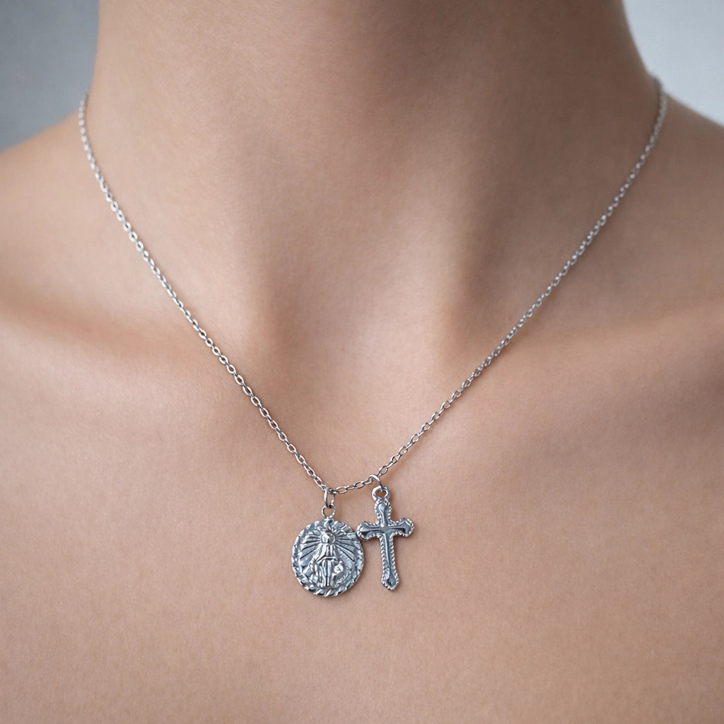 Virgin Mary and cross pendant necklace in sterling silver, faith-inspired Christian jewelry for women
