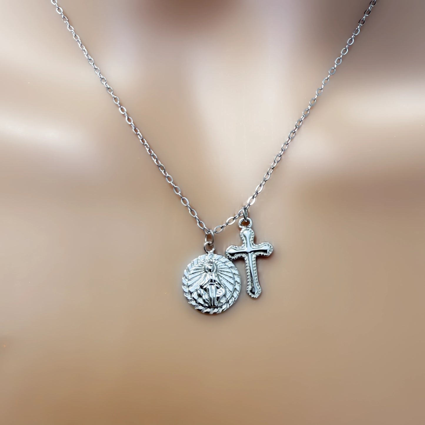 Virgin Mary and Cross Pendant Divine Necklace