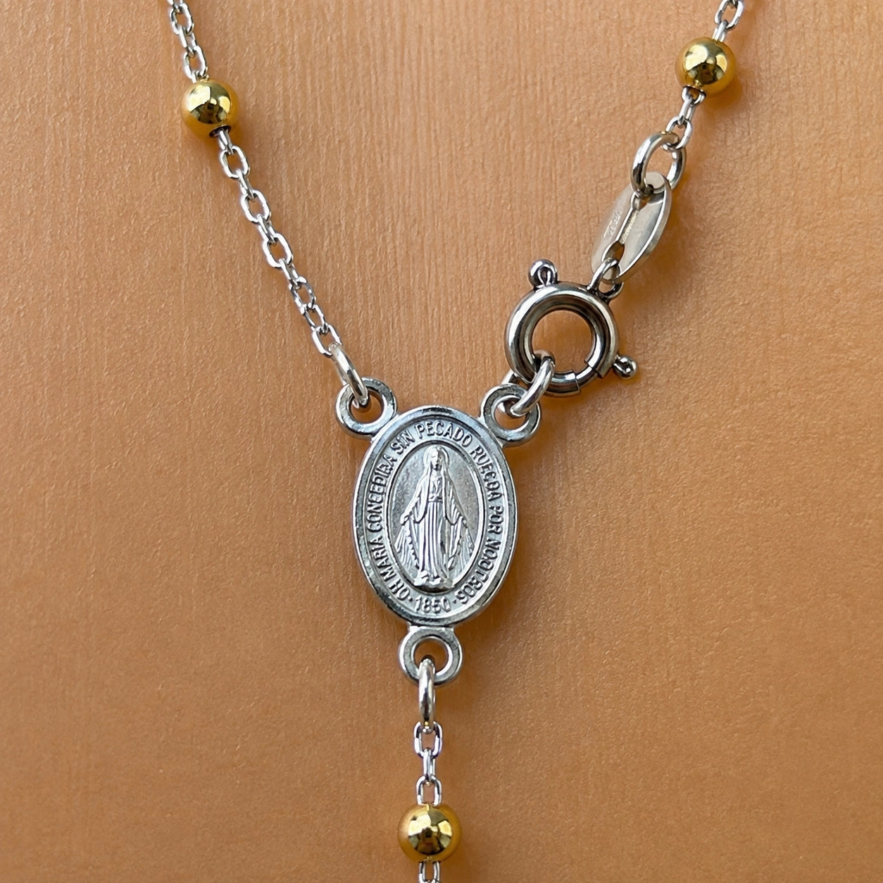 Three Tone Sterling Silver Rosary Necklace