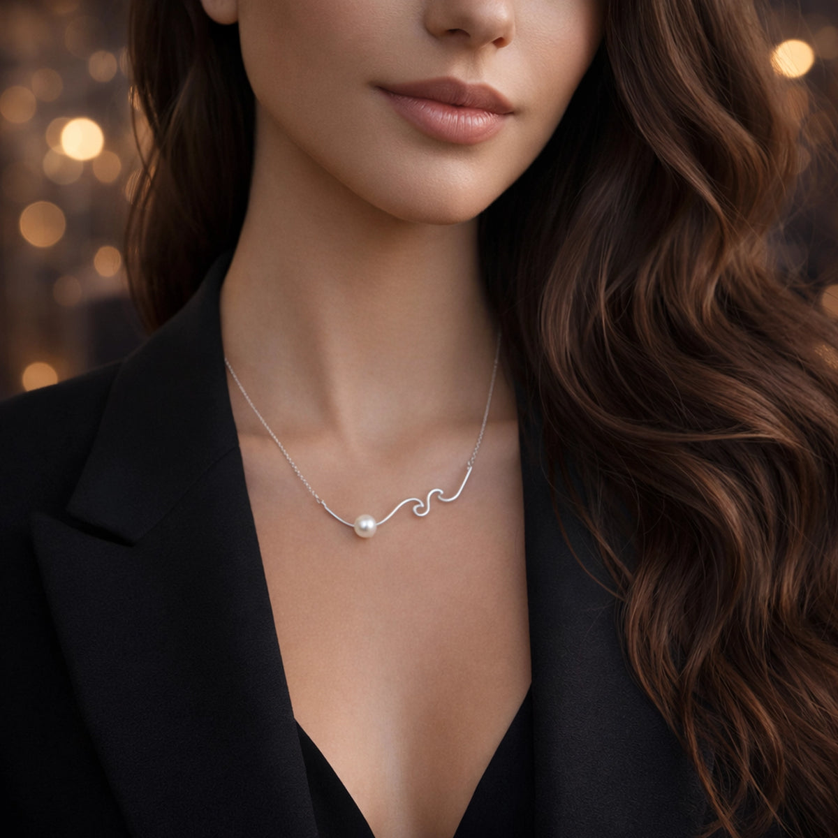 Elegant sterling silver wave necklace with pearl on stylish model, minimalist modern jewelry, natural décolleté, fine chain necklace
