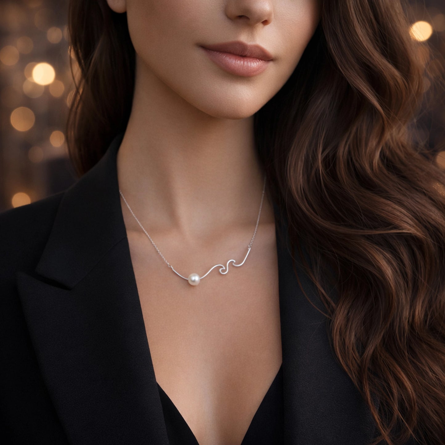 Elegant sterling silver wave necklace with pearl on stylish model, minimalist modern jewelry, natural décolleté, fine chain necklace