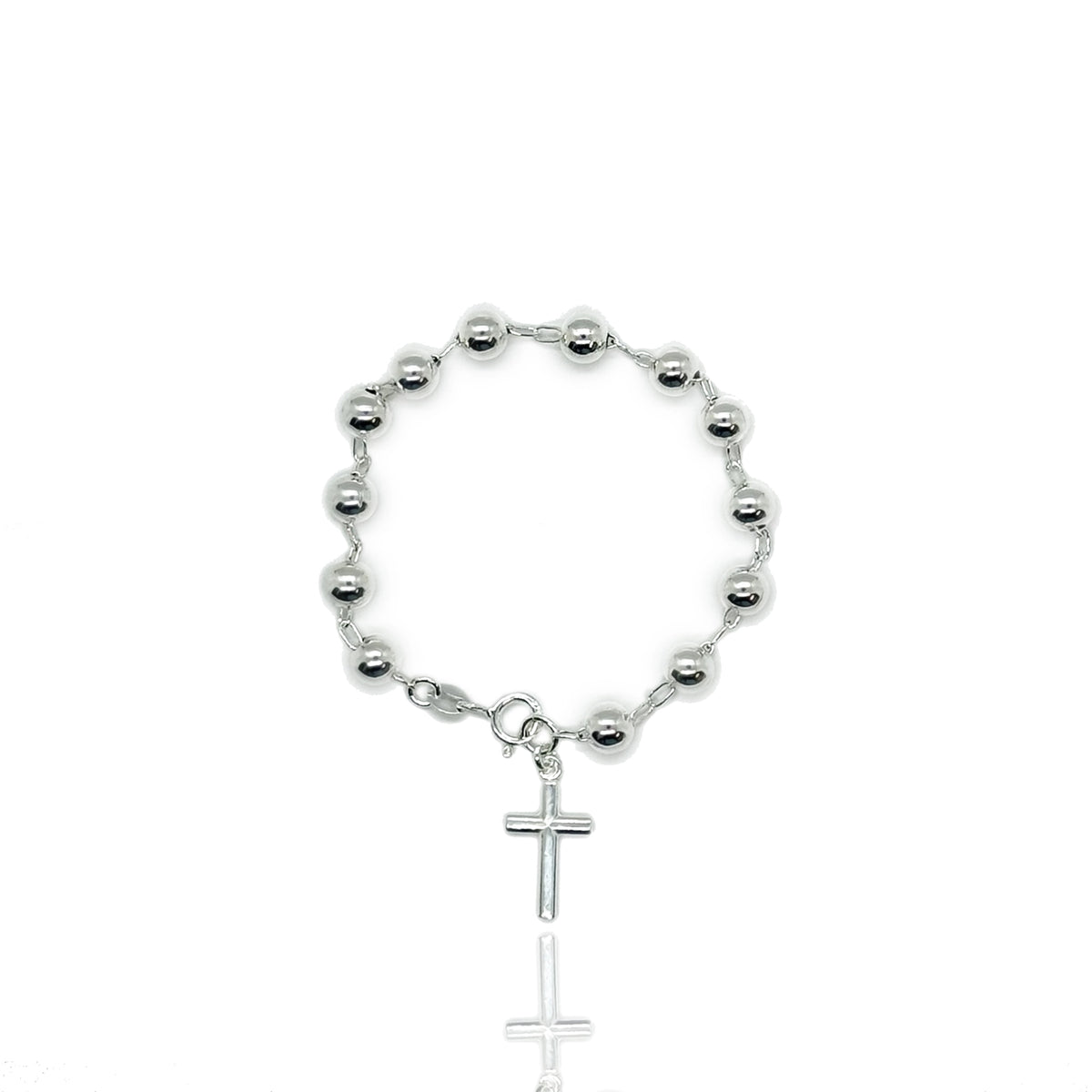Cross Charm Bracelet crafted in sterling silver with polished 6 mm beads and a classic dangling cross charm.