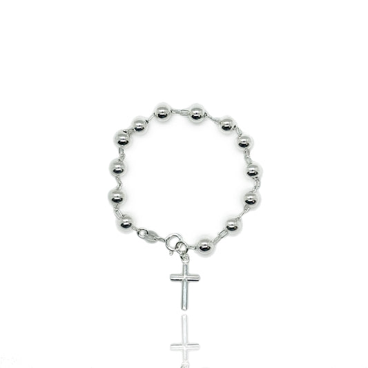 Sterling Silver Beaded Cross Charm Thick Bracelet