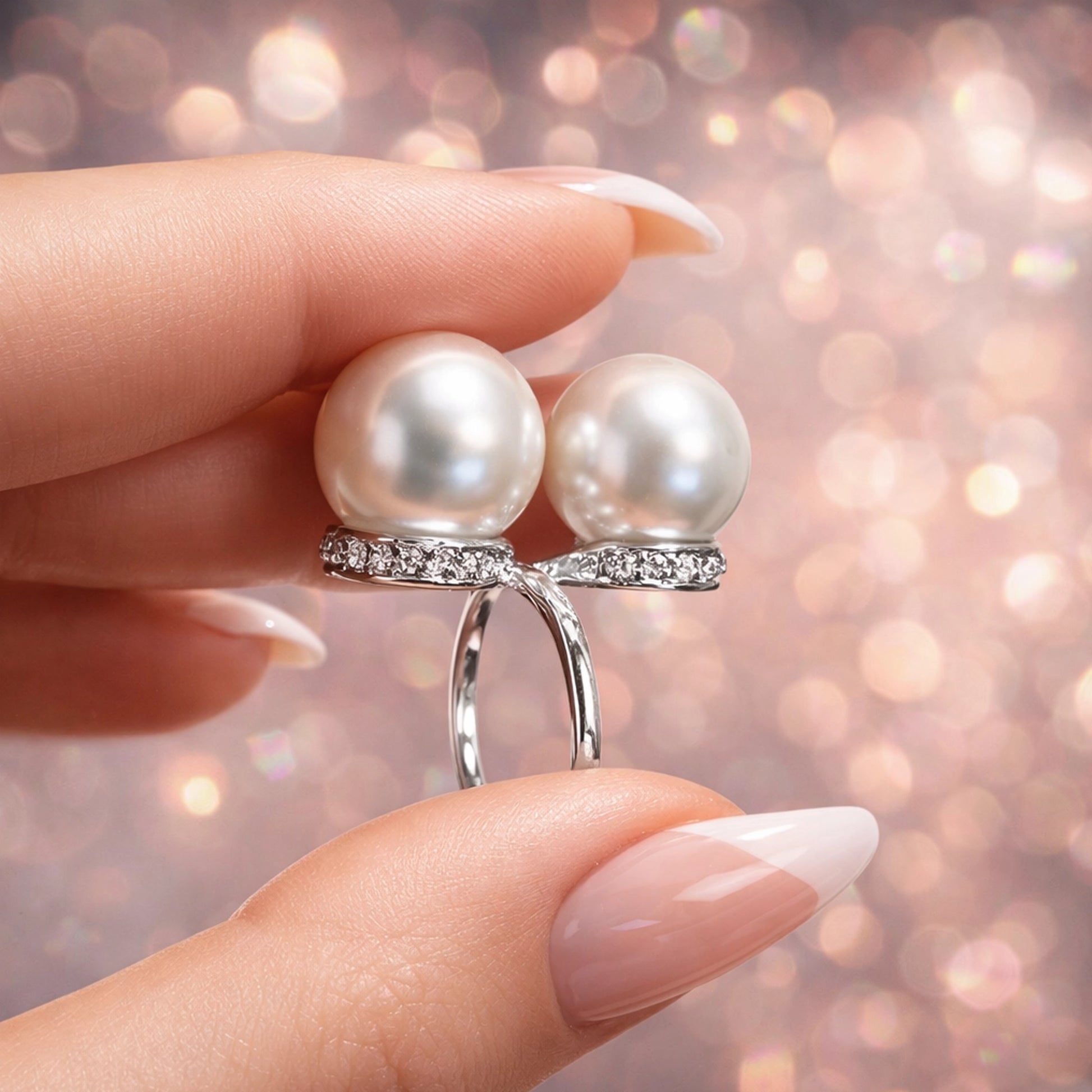 Elegant double pearl ring held between manicured fingers, featuring two lustrous white pearls set on a polished silver band with sparkling pavé stones, photographed in soft professional studio lighting with a neutral background.