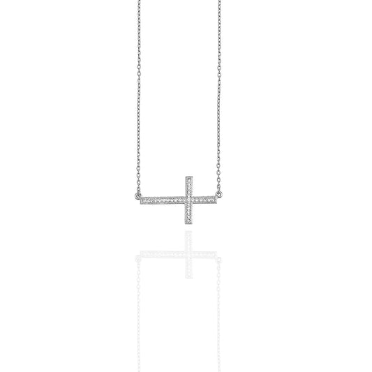 Sterling silver horizontal cross necklace featuring a sleek cable chain and a sparkling CZ-encrusted cross pendant, photographed on a white background.