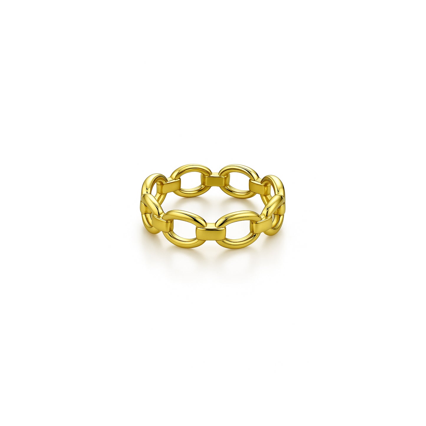 Minimalist product image of a closed-link gold chain ring centered on a white background.