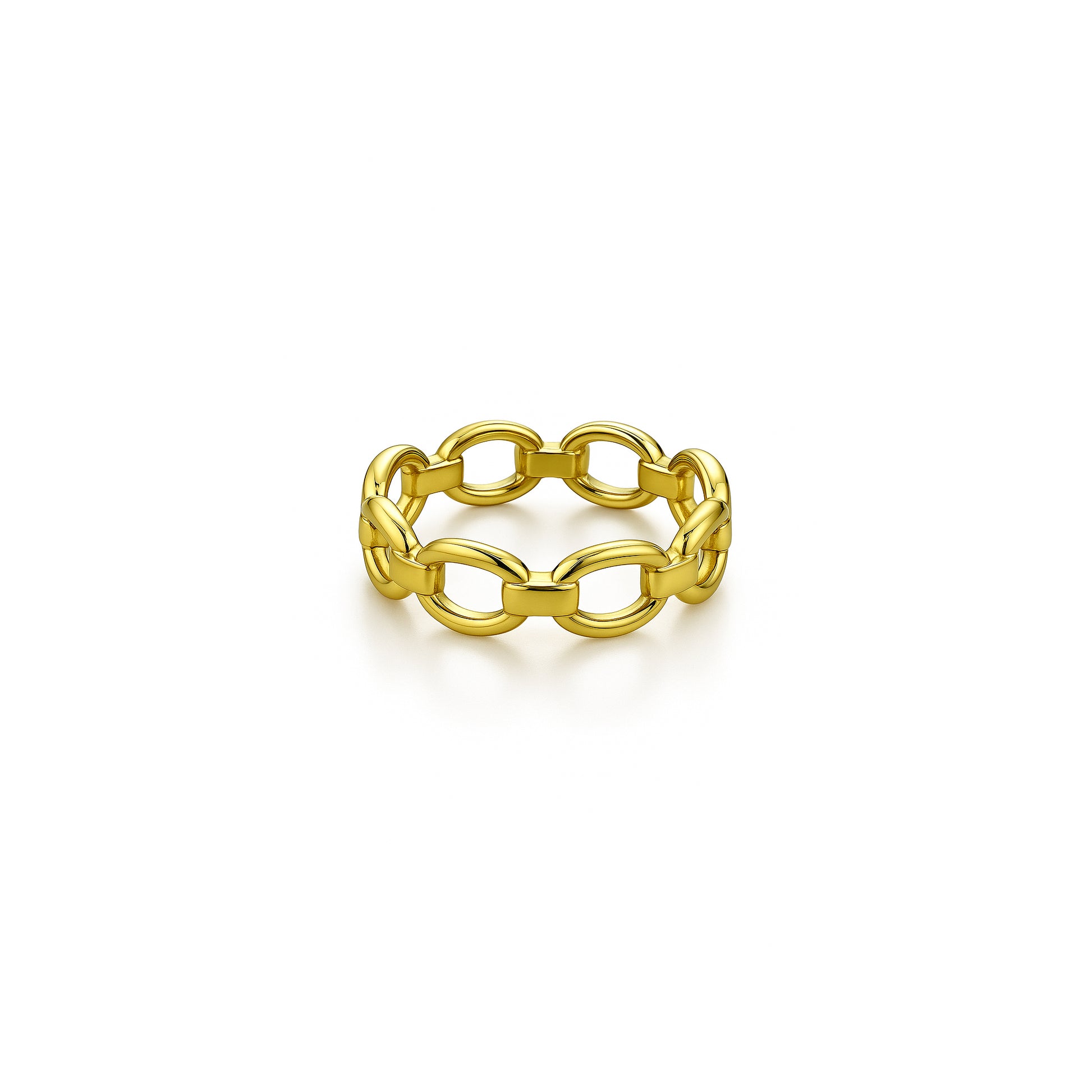 Minimalist product image of a closed-link gold chain ring centered on a white background.
