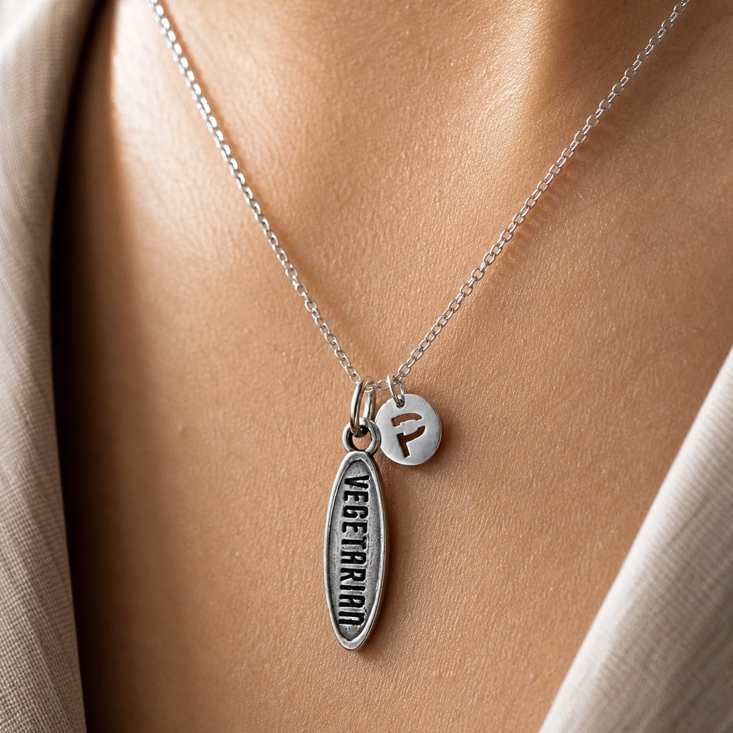 Vegetarian Necklace with Initial Charm in Sterling Silver
