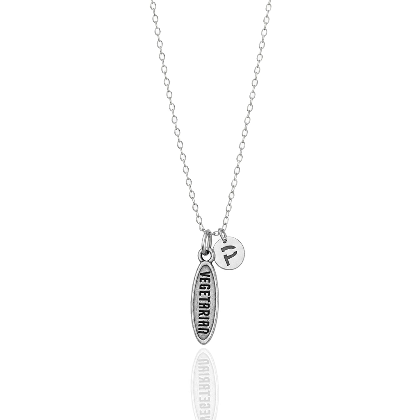 sterling silver vegetarian necklace with engraved vertical pendant and initial charm on fine chain minimalist jewelry