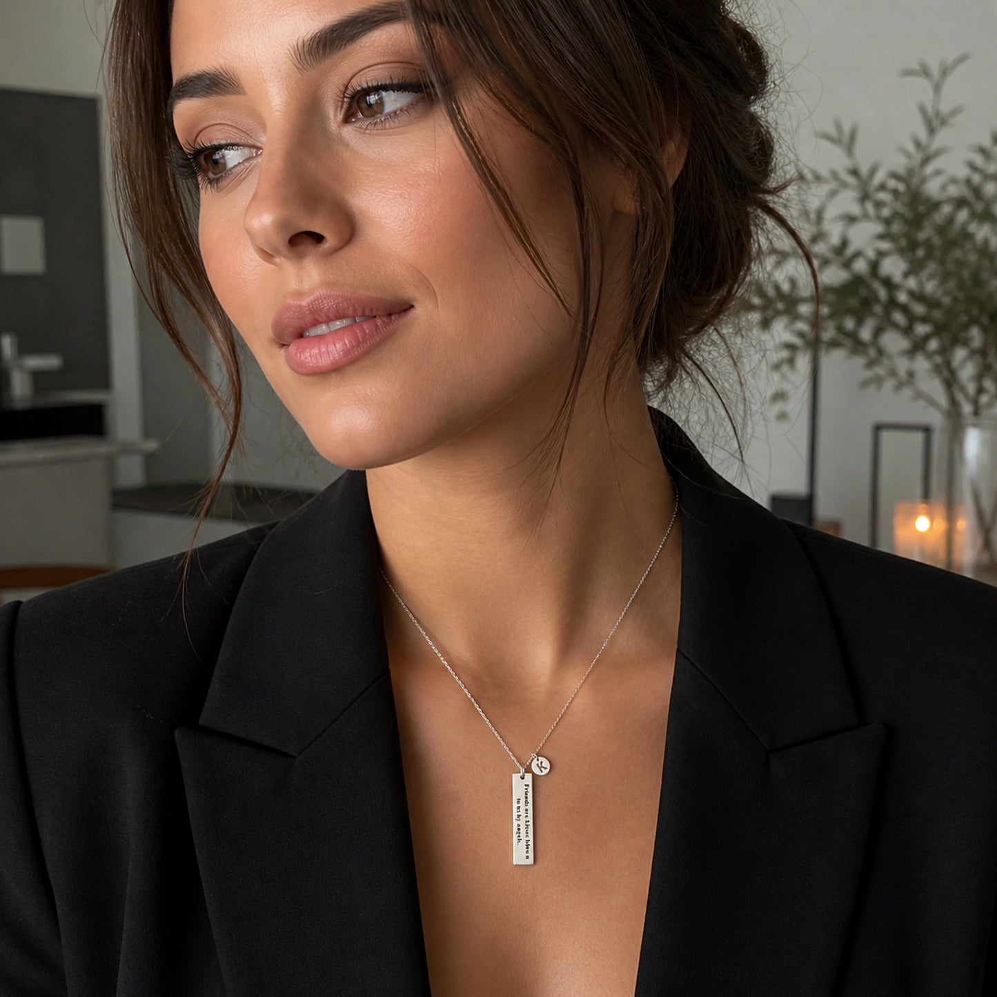 Meaningful Friend Necklace • Engraved Quote Bar with Initial Charm