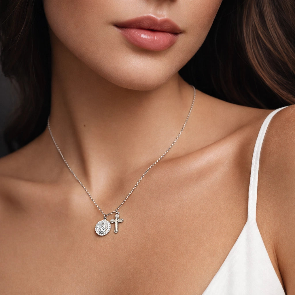 Sterling silver Virgin Mary medal and cross charm necklace for women, Catholic jewelry gift for mom or daughter
