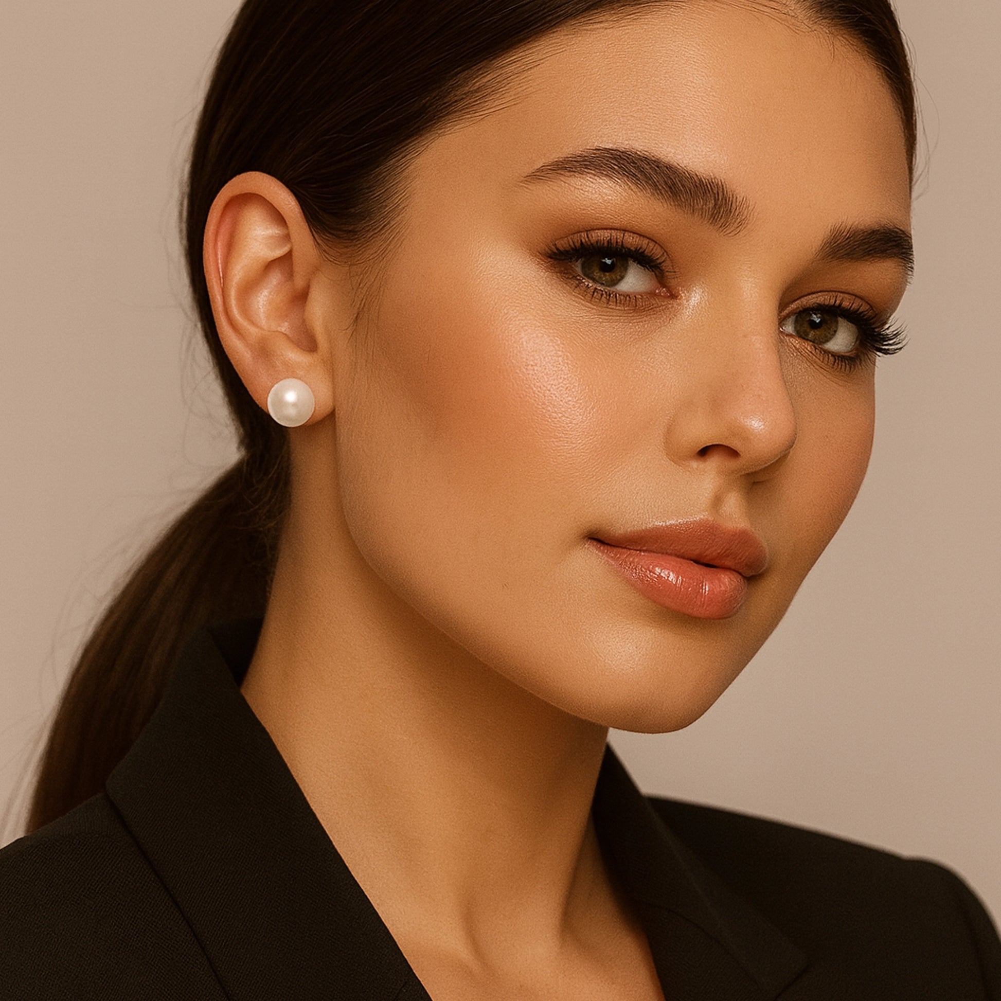 Model wearing white freshwater pearl stud earrings styled with a low ponytail and glowy nude makeup.