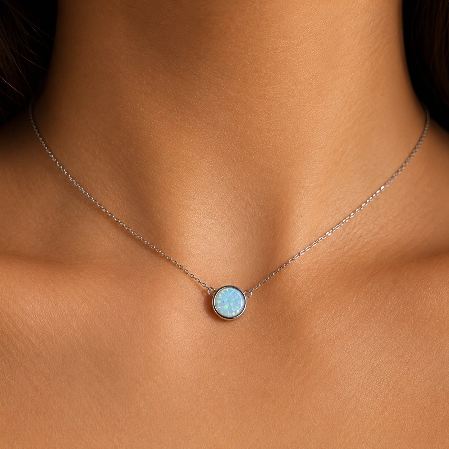 Round Opal Necklace Sterling Silver Dainty Solitaire